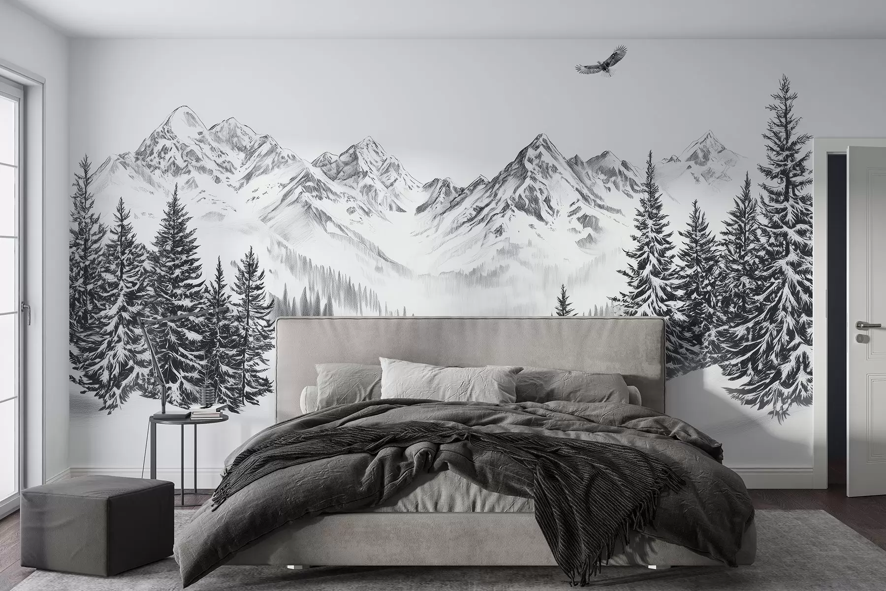 Fotobehang Winterbergen, sneeuwluipaarden, dennenbos, potloodtekening, vliegende adelaar w02360