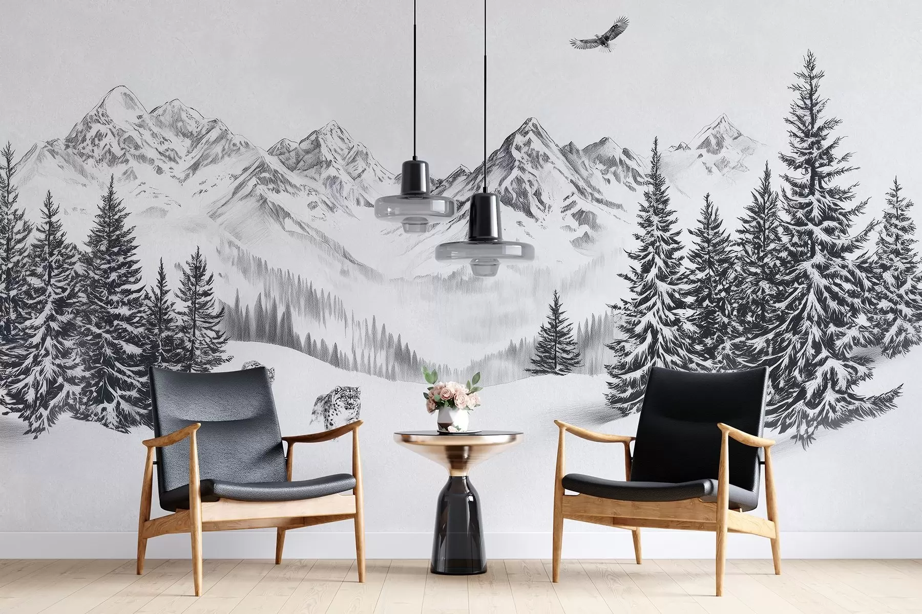 Fotobehang Winterbergen, sneeuwluipaarden, dennenbos, potloodtekening, vliegende adelaar w02360