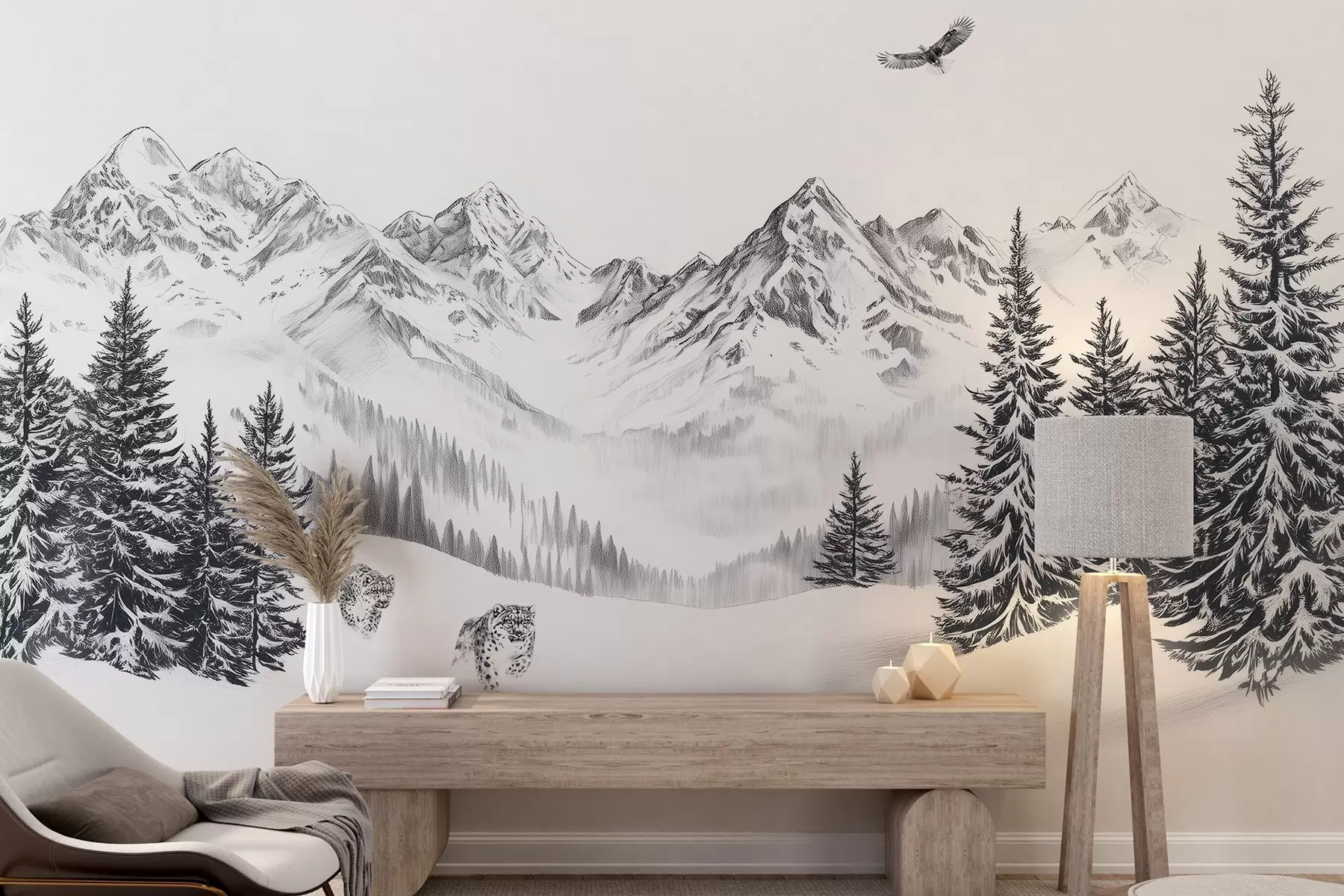 Fotobehang Winterbergen, sneeuwluipaarden, dennenbos, potloodtekening, vliegende adelaar w02360