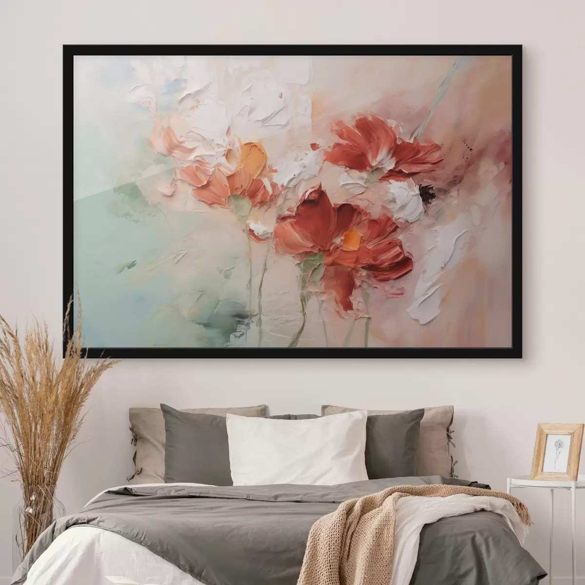 Poster Abstracte compositie van bloemen, imitatie penseelstreek, groene, rode tinten f41852