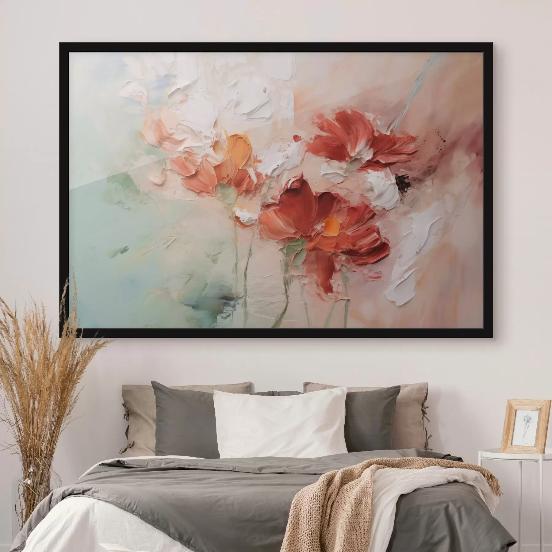 Fotobehang Abstracte compositie van bloemen, imitatie penseelstreek, groene, rode tinten f41852