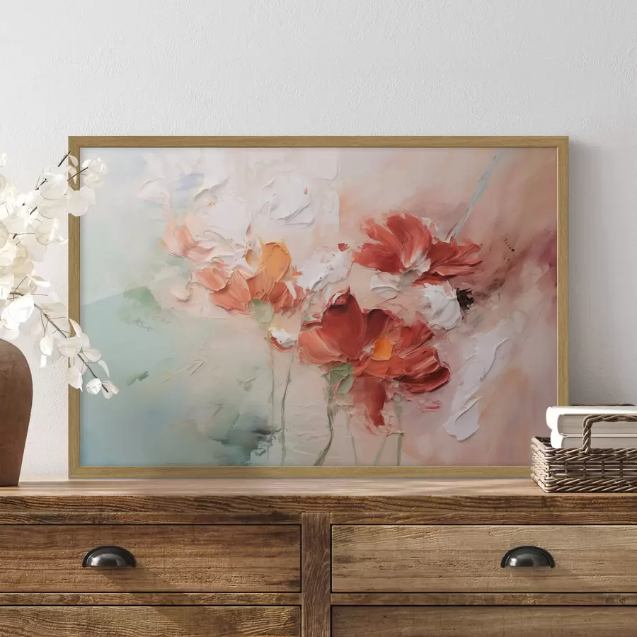 Fotobehang Abstracte compositie van bloemen, imitatie penseelstreek, groene, rode tinten f41852