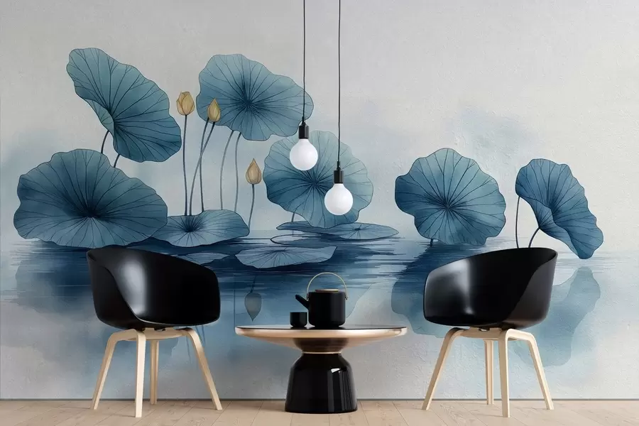 Fotobehang Lotusbladeren over water op een betonnen muur w02011