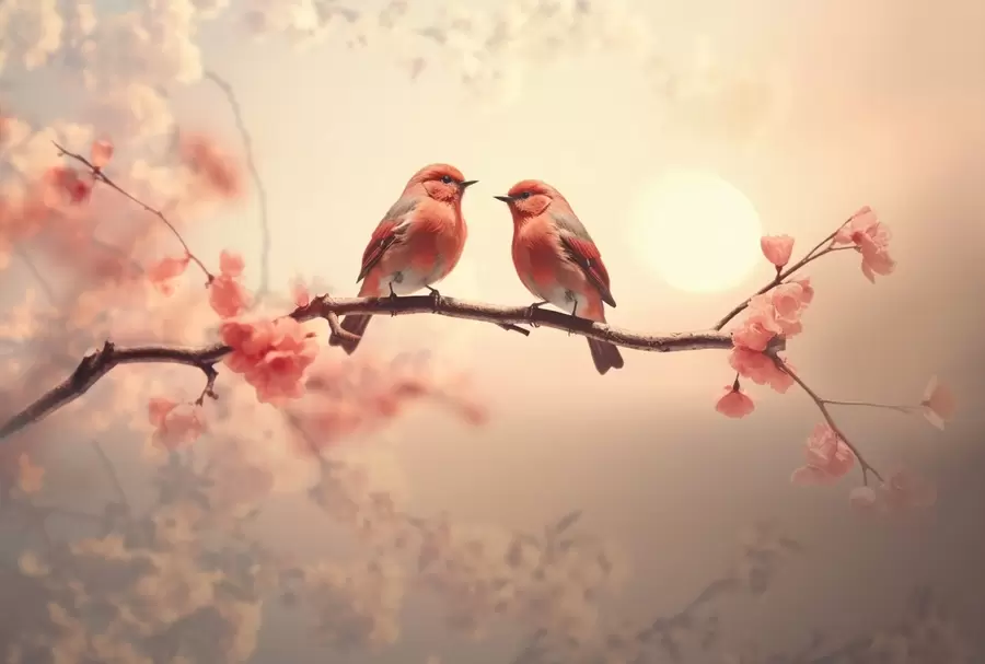 Papier peint photo Une scène sereine et romantique avec deux petits oiseaux assis sur une branche délicate décorée de fleurs roses pâles w02343