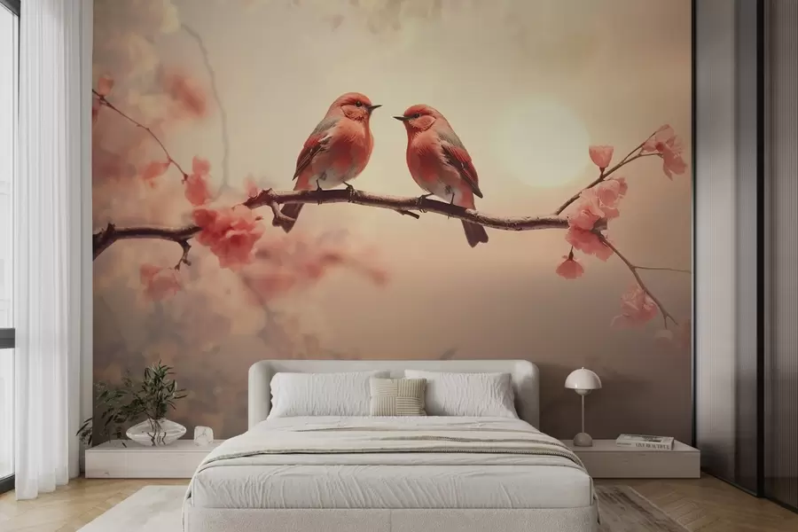 Fotobehang Een sereen en romantisch tafereel met twee vogeltjes op een delicate tak versierd met lichtroze bloemen w02343