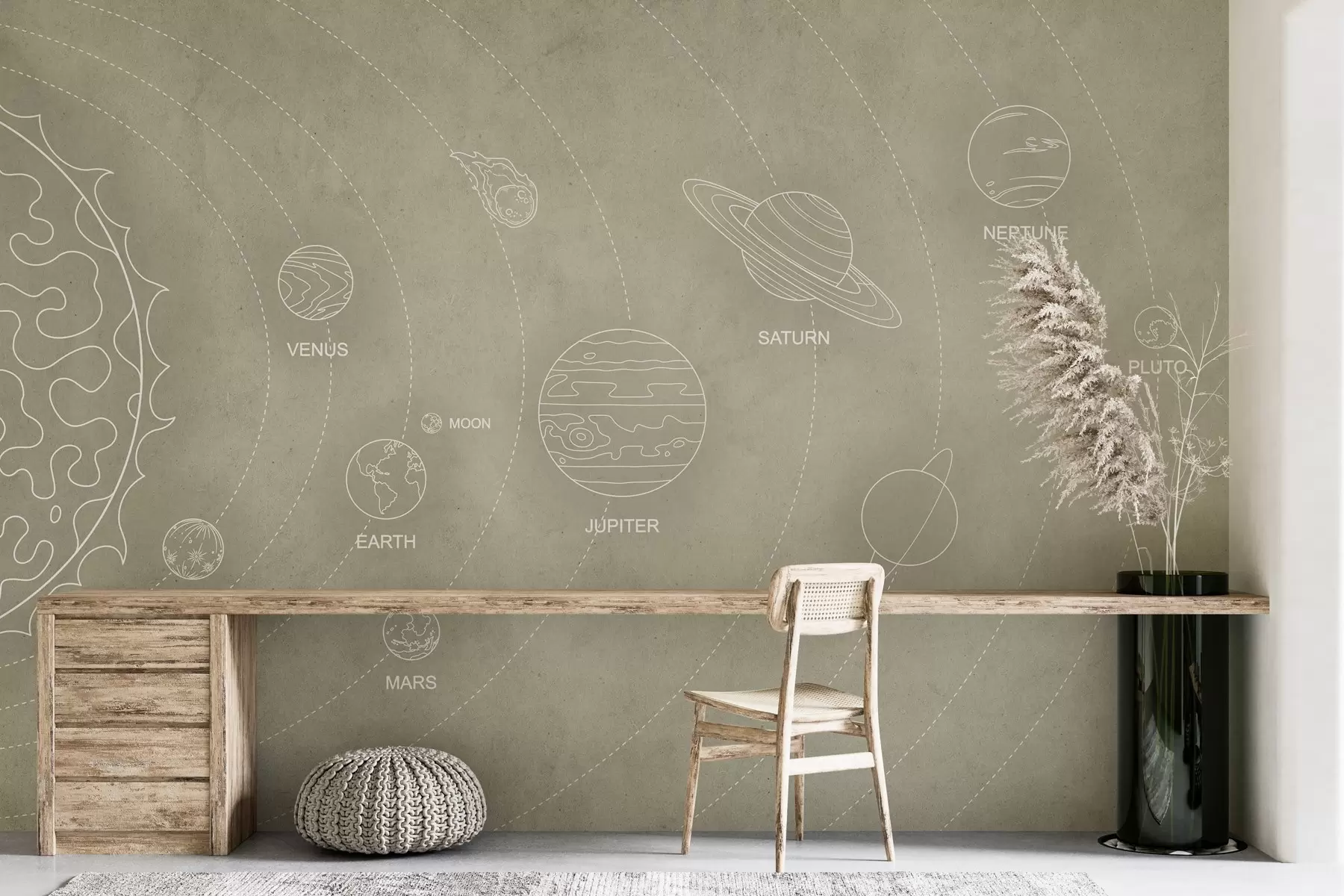 Fotobehang Zonnestelsel in minimalistische stijl op een koele beige textuurachtergrond w02344