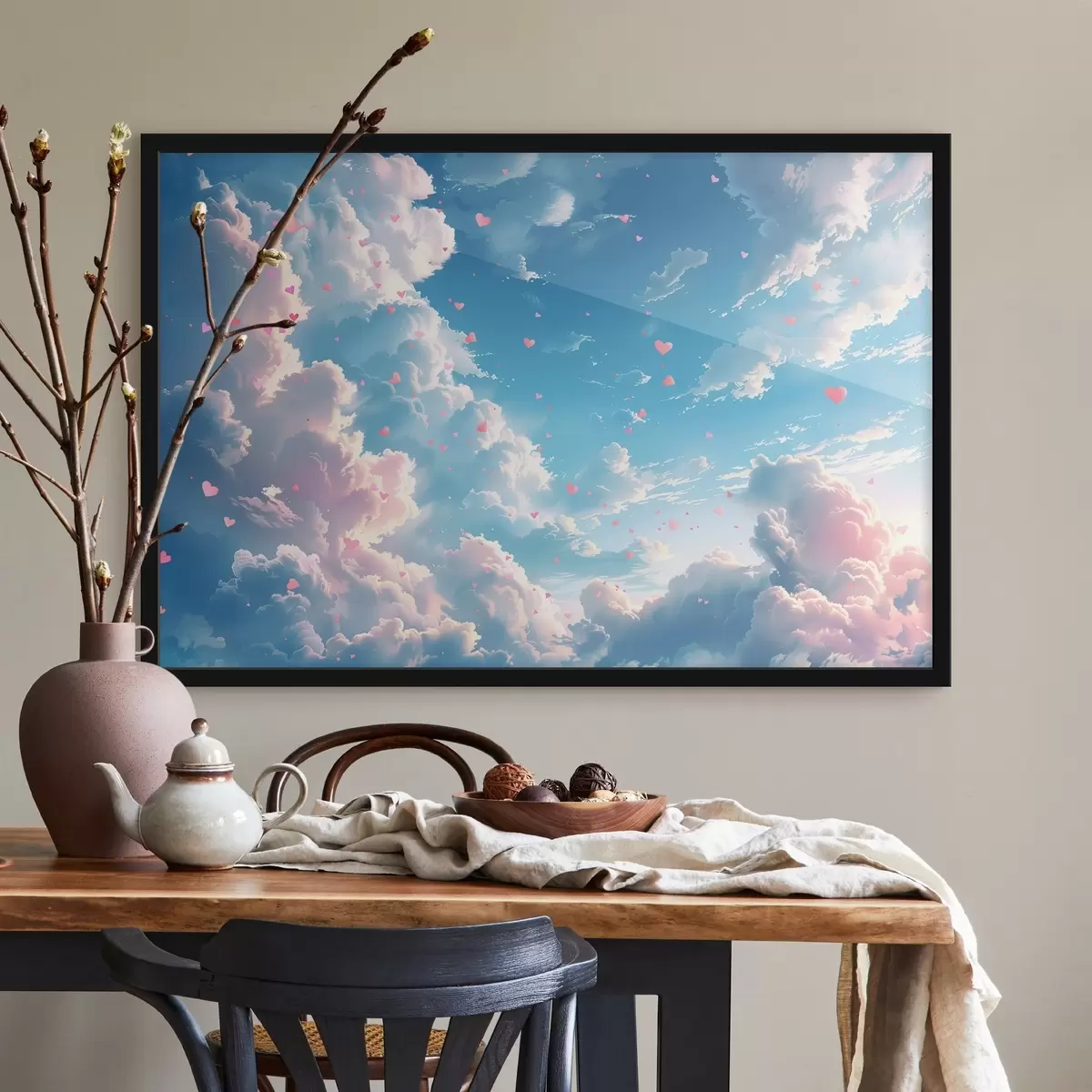 Poster Blauwe lucht met harten in anime stijl f41864