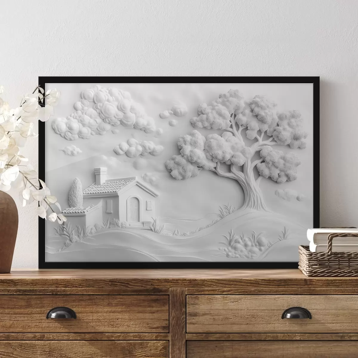 Poster 3D imitatie van stucwerk van een huisje in het dorp f41878