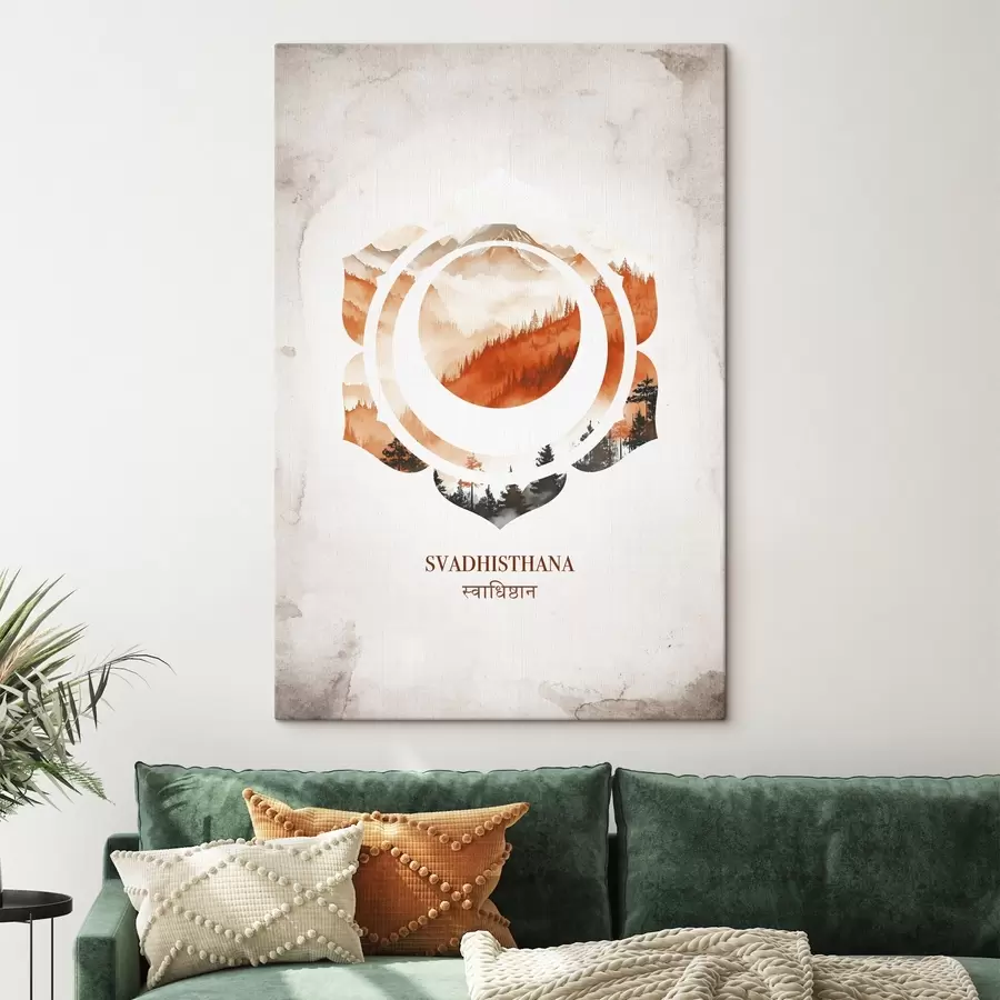  Schilderijen Svadhisthana chakra, oranje chakra, esoterisch, meditatie, boeddhisme, aquarel stijl bergen s41881