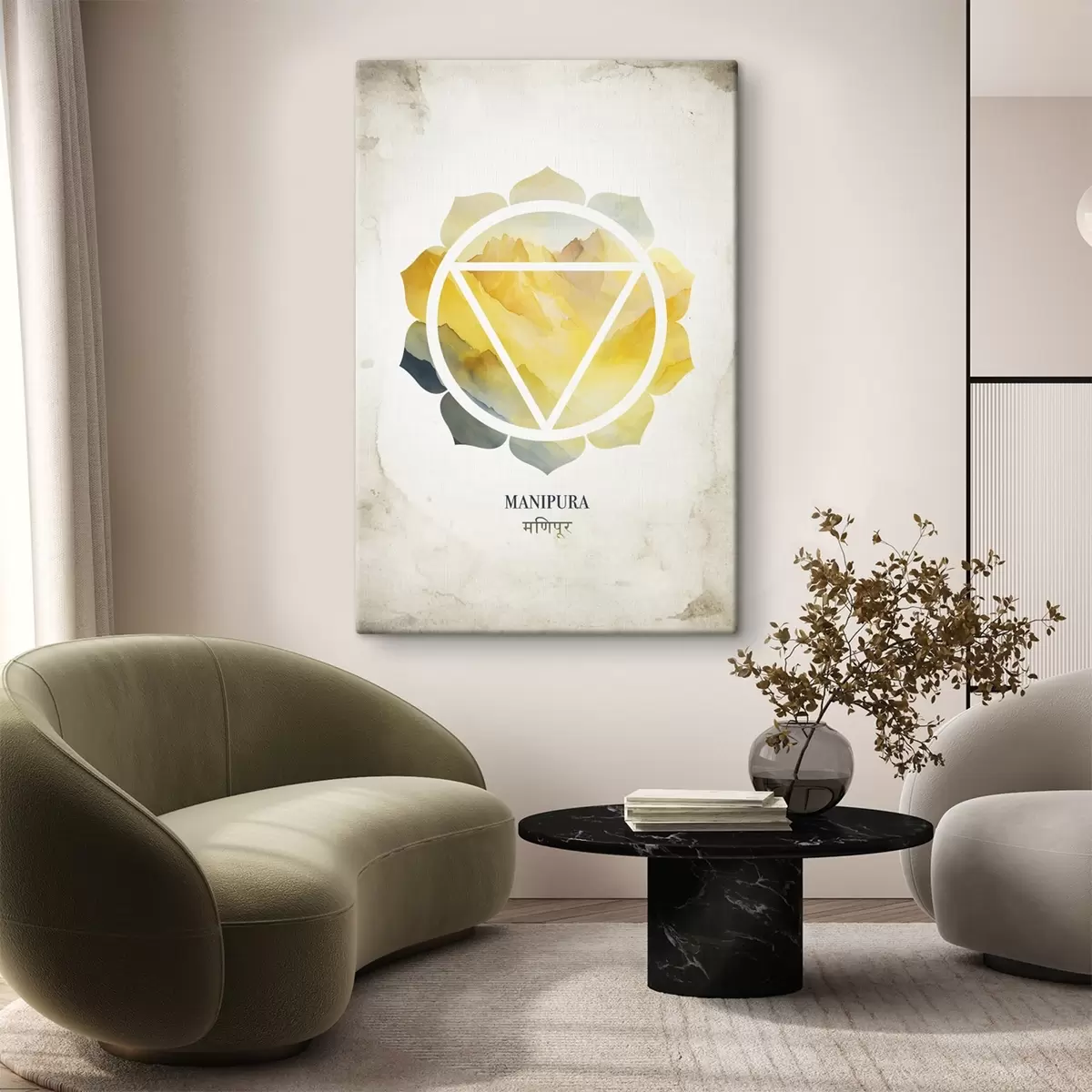  Schilderijen Manipura chakra, geel chakra, esoterisch, meditatie, boeddhisme, aquarel stijl bergen s41882