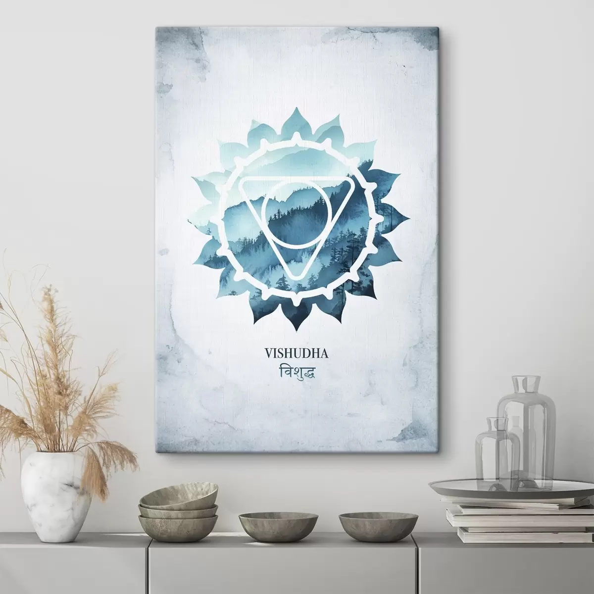  Schilderijen Vishuddha chakra, blauw chakra, esoterisch, meditatie, boeddhisme, aquarel stijl bergen s41884