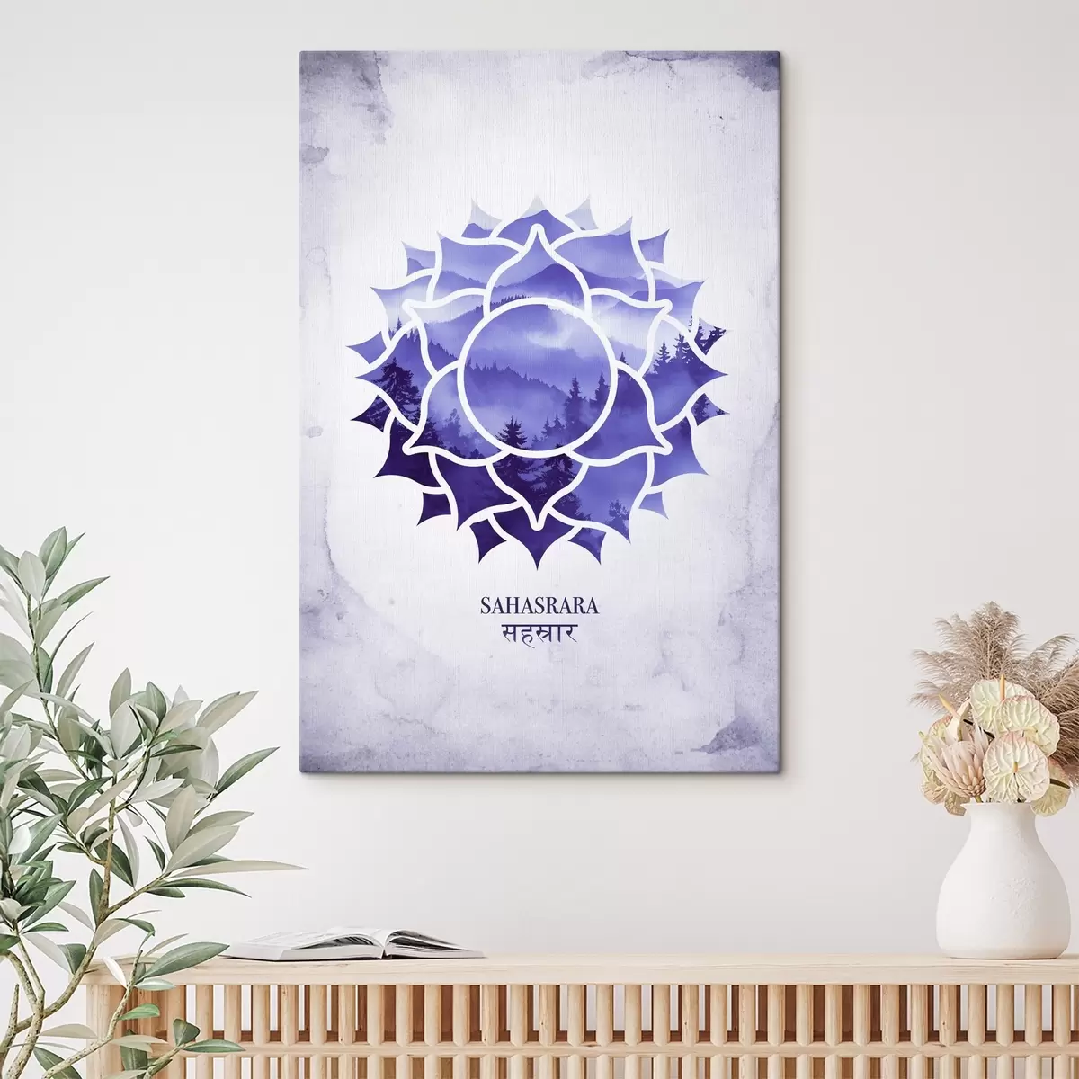  Schilderijen Sahasrara chakra, paarse chakra, esoterisch, meditatie, boeddhisme, aquarel stijl bergen s41886