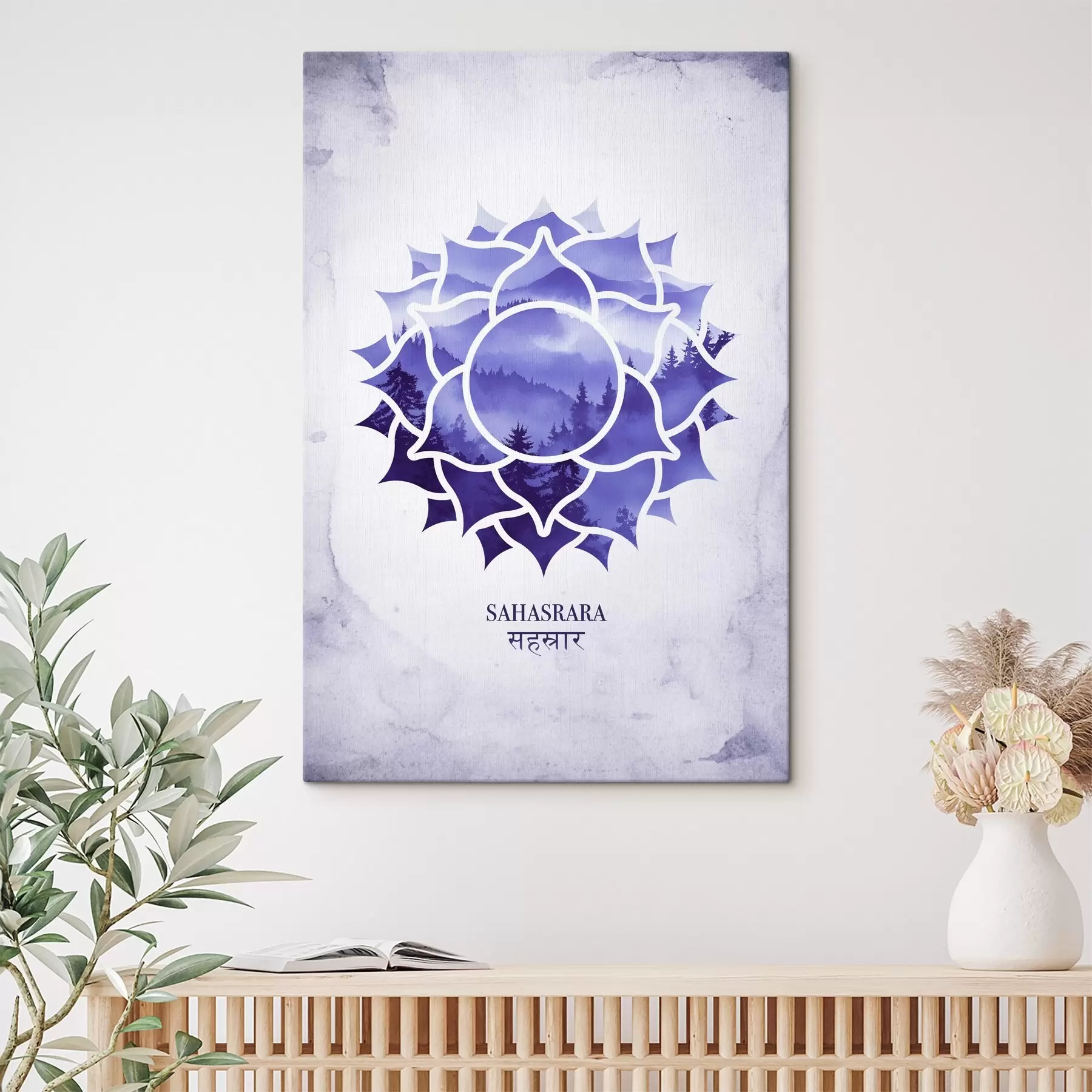  Schilderijen Sahasrara chakra, paarse chakra, esoterisch, meditatie, boeddhisme, aquarel stijl bergen s41886