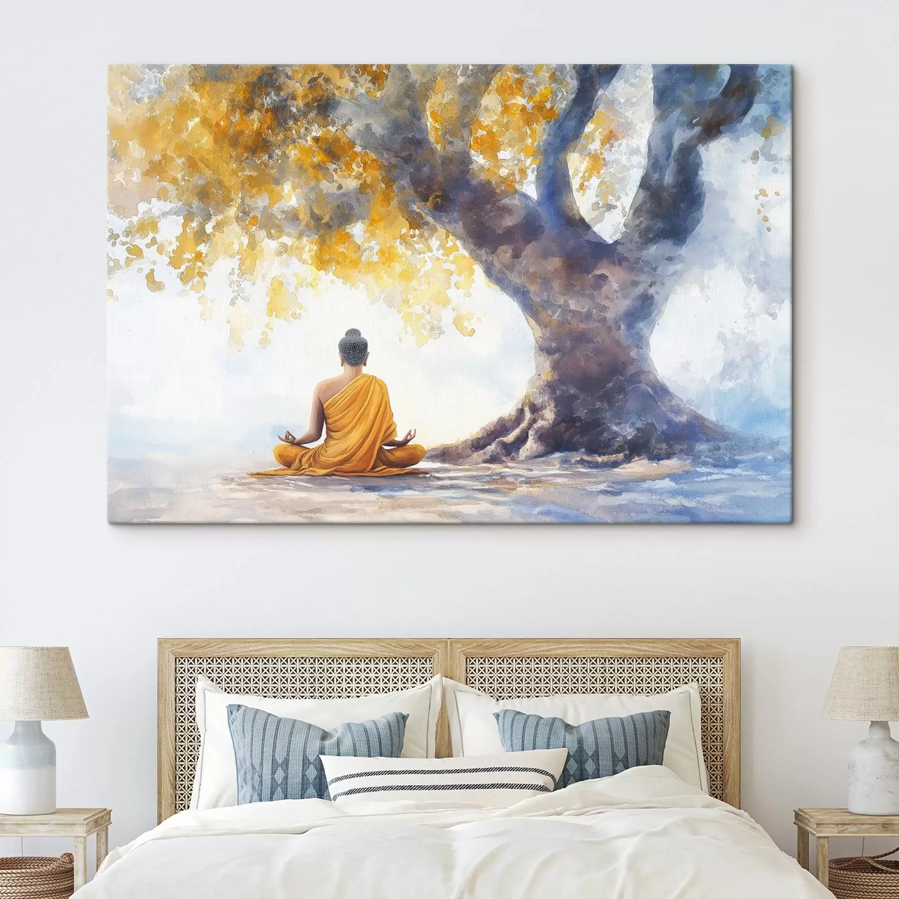 Fotobehang Meditatie onder de boom, Boeddha, aquarelstijl, gele en blauwe kleuren s41888
