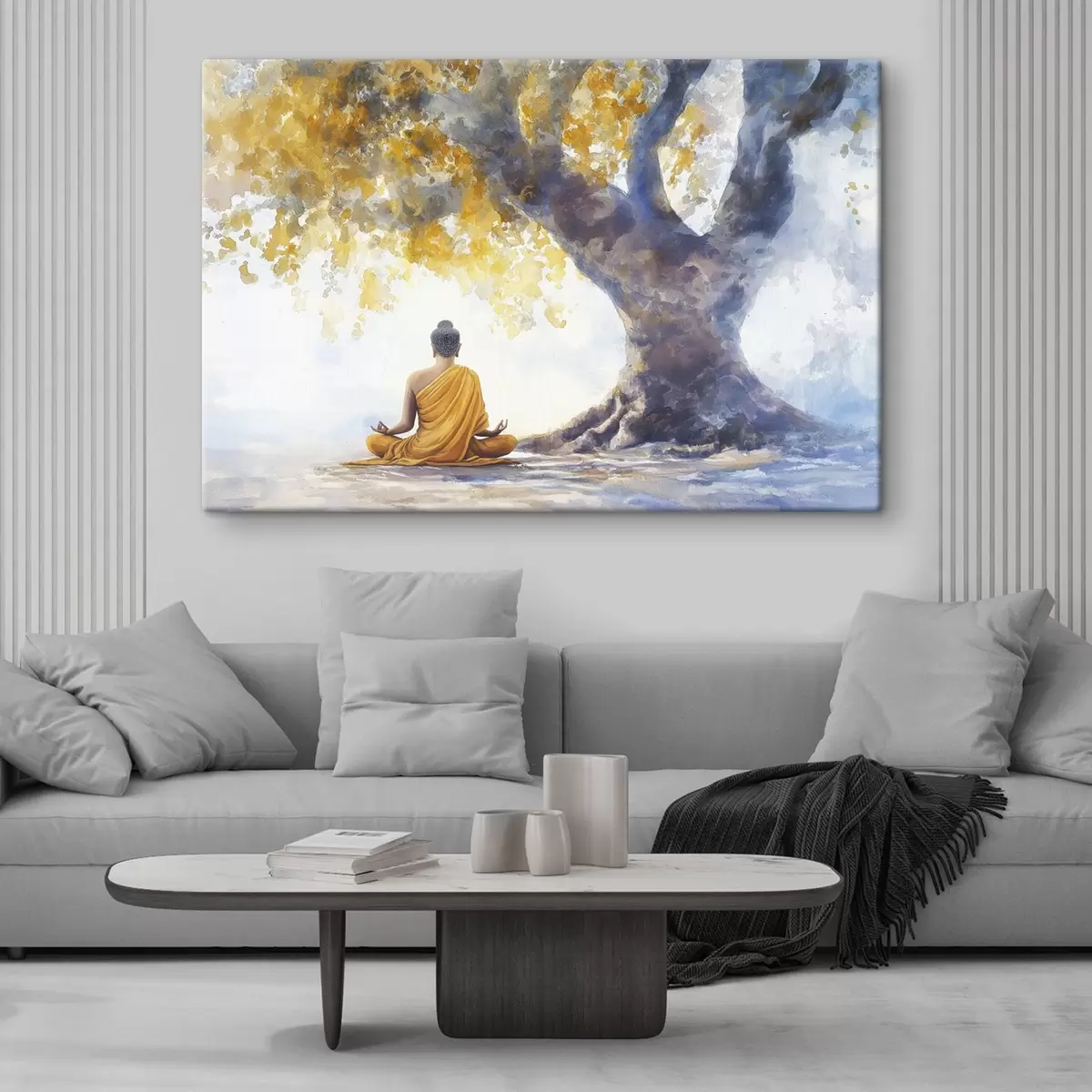 Peintures Méditation sous l'arbre, Bouddha, style aquarelle, couleurs jaune et bleu s41888