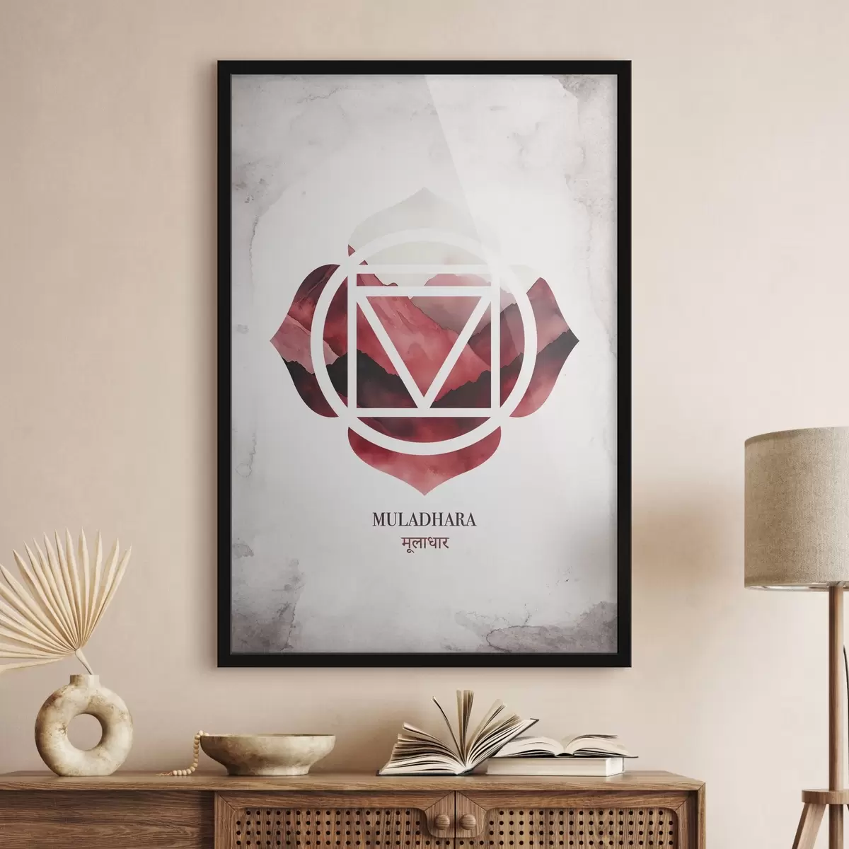Poster Muladhara chakra, rood chakra, esoterisch, meditatie, boeddhisme, aquarel stijl bergen f41880