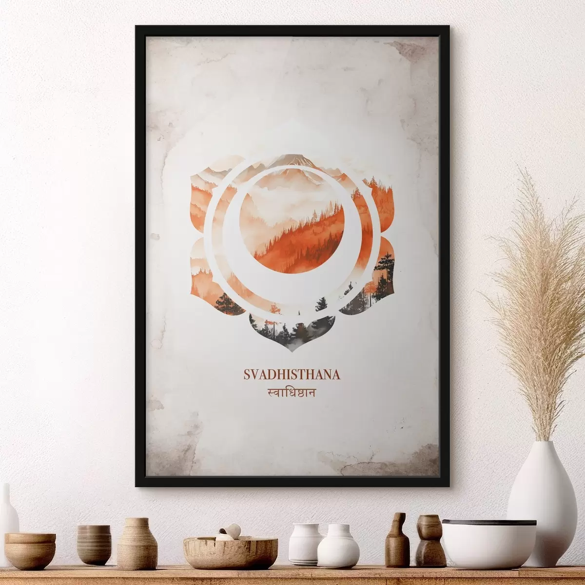 Poster Svadhisthana chakra, oranje chakra, esoterisch, meditatie, boeddhisme, aquarel stijl bergen f41881