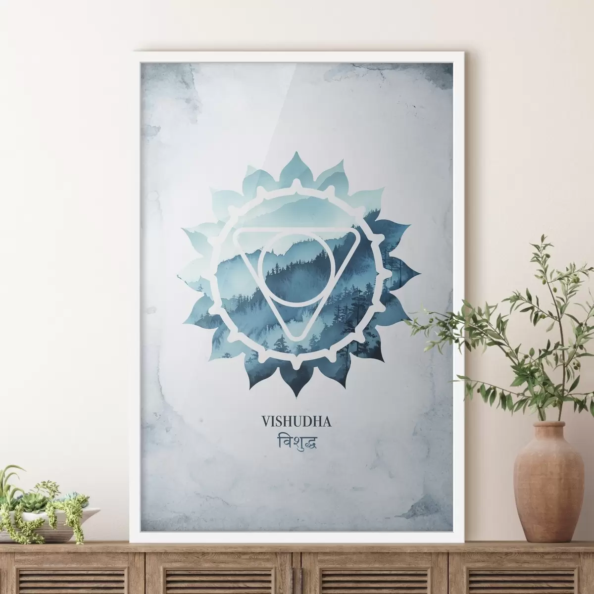 Affiche Vishuddha chakra, chakra bleu, ésotérique, méditation, bouddhisme, montagnes style aquarelle f41884