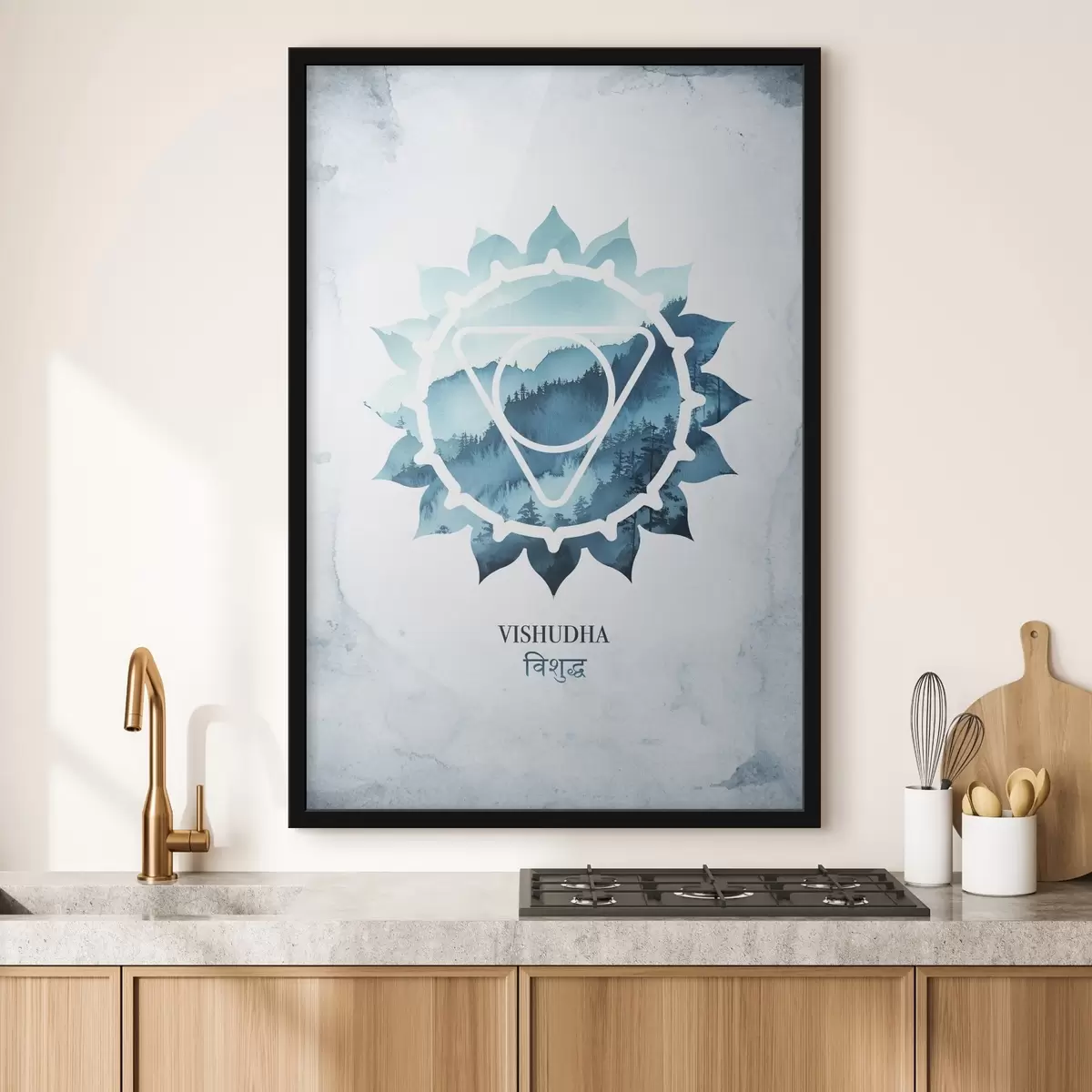 Affiche Vishuddha chakra, chakra bleu, ésotérique, méditation, bouddhisme, montagnes style aquarelle f41884