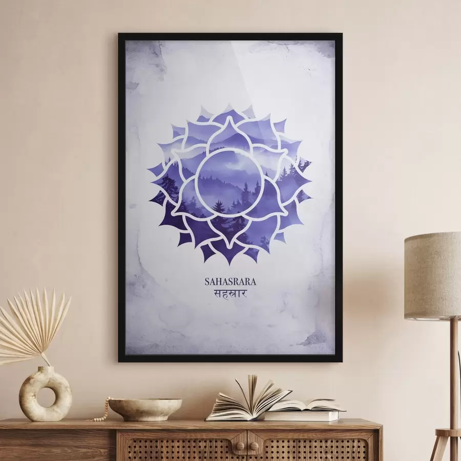 Papier peint photo Sahasrara chakra, chakra violet, ésotérique, méditation, bouddhisme, montagnes à l'aquarelle f41886