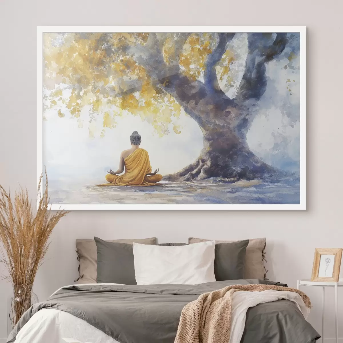 Poster Meditatie onder de boom, Boeddha, aquarelstijl, gele en blauwe kleuren f41888