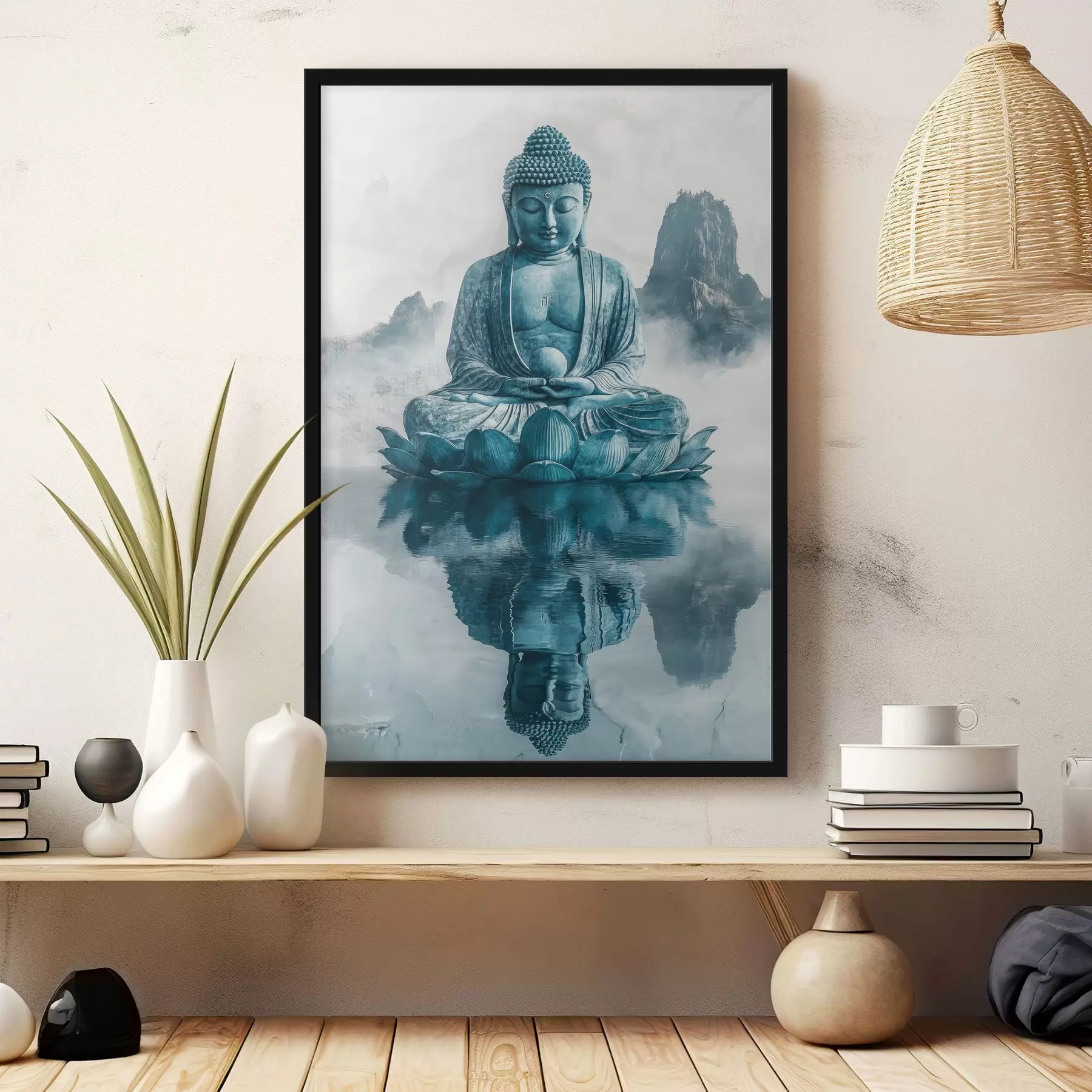 Papier peint photo Statue de Bouddha, style oriental, bouddhisme, montagnes, lac, méditation, spirituel f41890