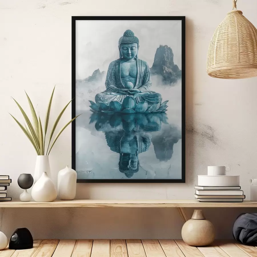 Papier peint photo Statue de Bouddha, style oriental, bouddhisme, montagnes, lac, méditation, spirituel f41890