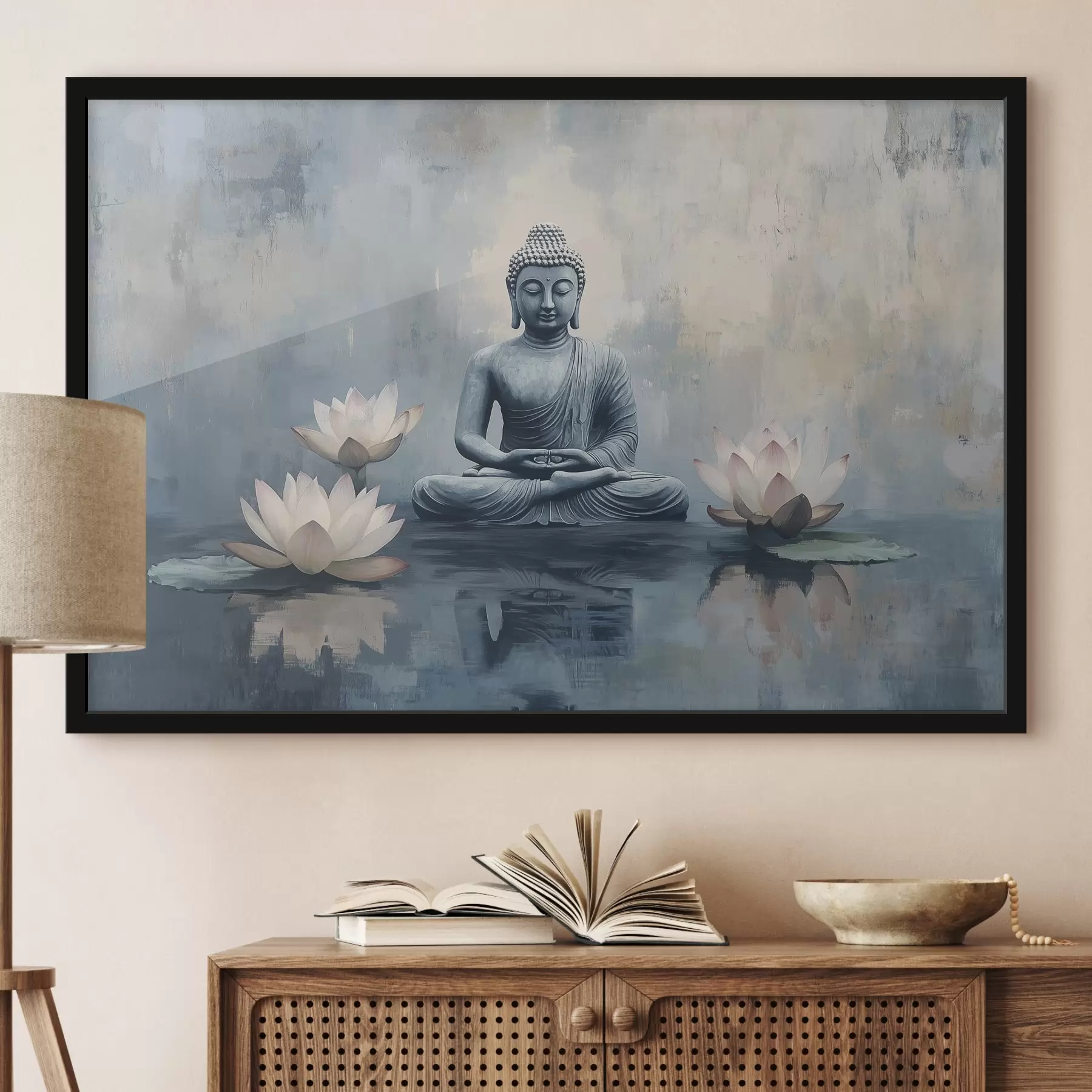Papier peint photo Bouddha méditant dans le lac avec des lotus, oriental, style acrylique f41891