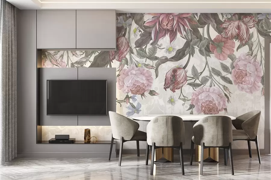 Fotobehang Een weelderig bloemstuk met grote roze en witte bloemen, met groene bladeren en stelen w08435