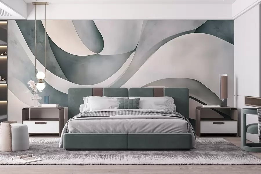 Fotobehang Witte, blauwe en grijze gebogen vormen die een abstracte, texturale, moderne en minimalistische print creëren w08439v1