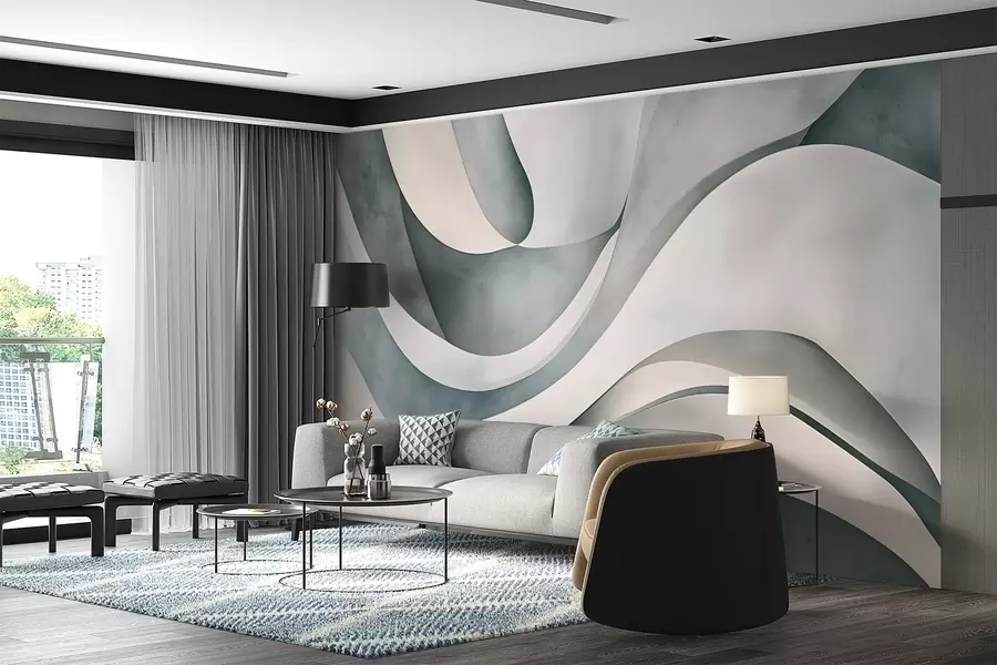 Fotobehang Witte, blauwe en grijze gebogen vormen die een abstracte, texturale, moderne en minimalistische print creëren w08439v1