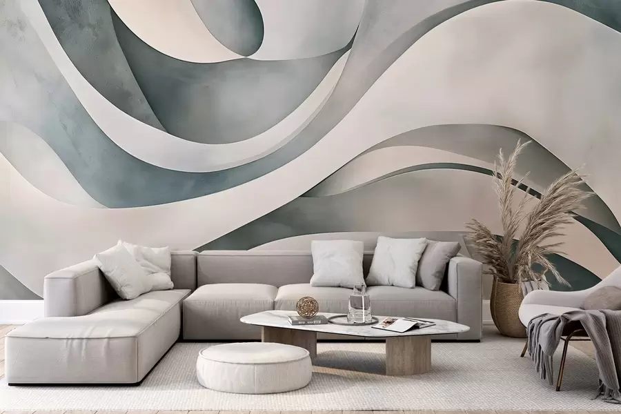 Fotobehang Witte, blauwe en grijze gebogen vormen die een abstracte, texturale, moderne en minimalistische print creëren w08439v1