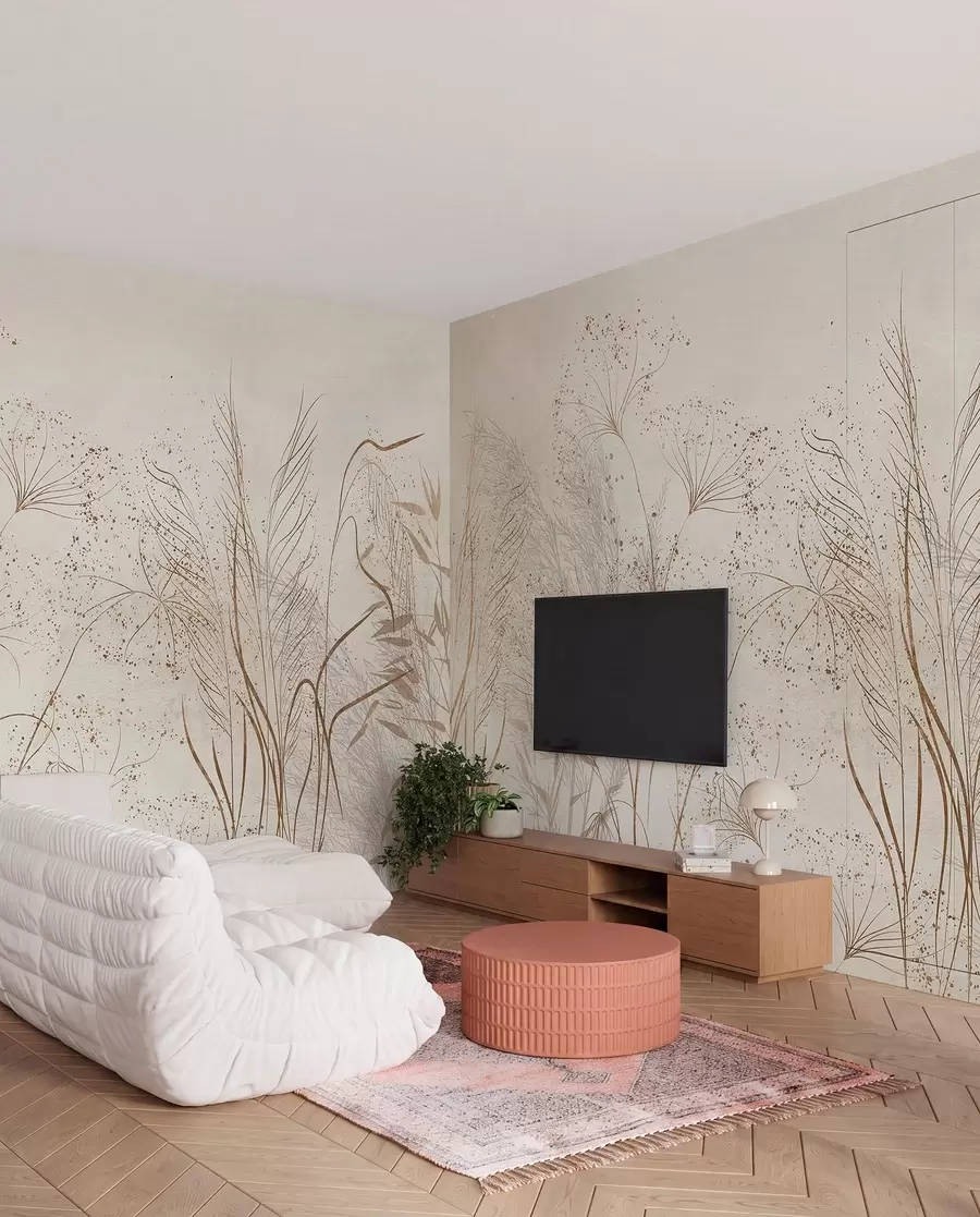 Fotobehang Een monochrome illustratie van verschillende beige planten en aartjes met fijne, piekerige lijnen en texturen w08441