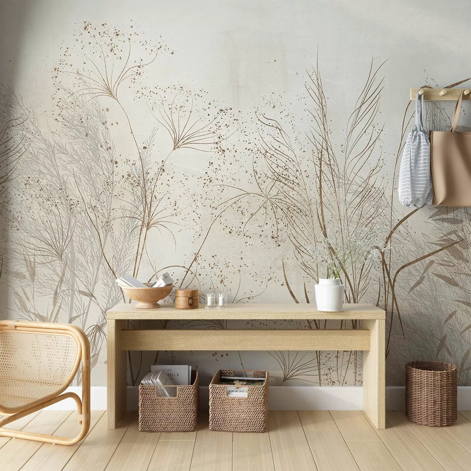  Peintures Illustration monochrome de diverses plantes et épillets de couleur beige, avec des lignes et des textures délicates et ondulantes w08441