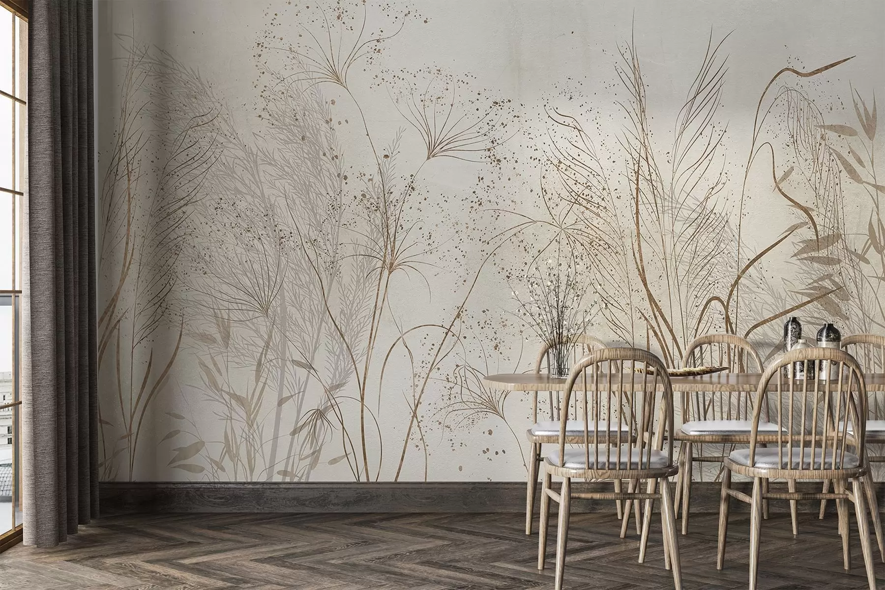 Papier peint photo Illustration monochrome de diverses plantes et épillets de couleur beige, avec des lignes et des textures délicates et ondulantes w08441