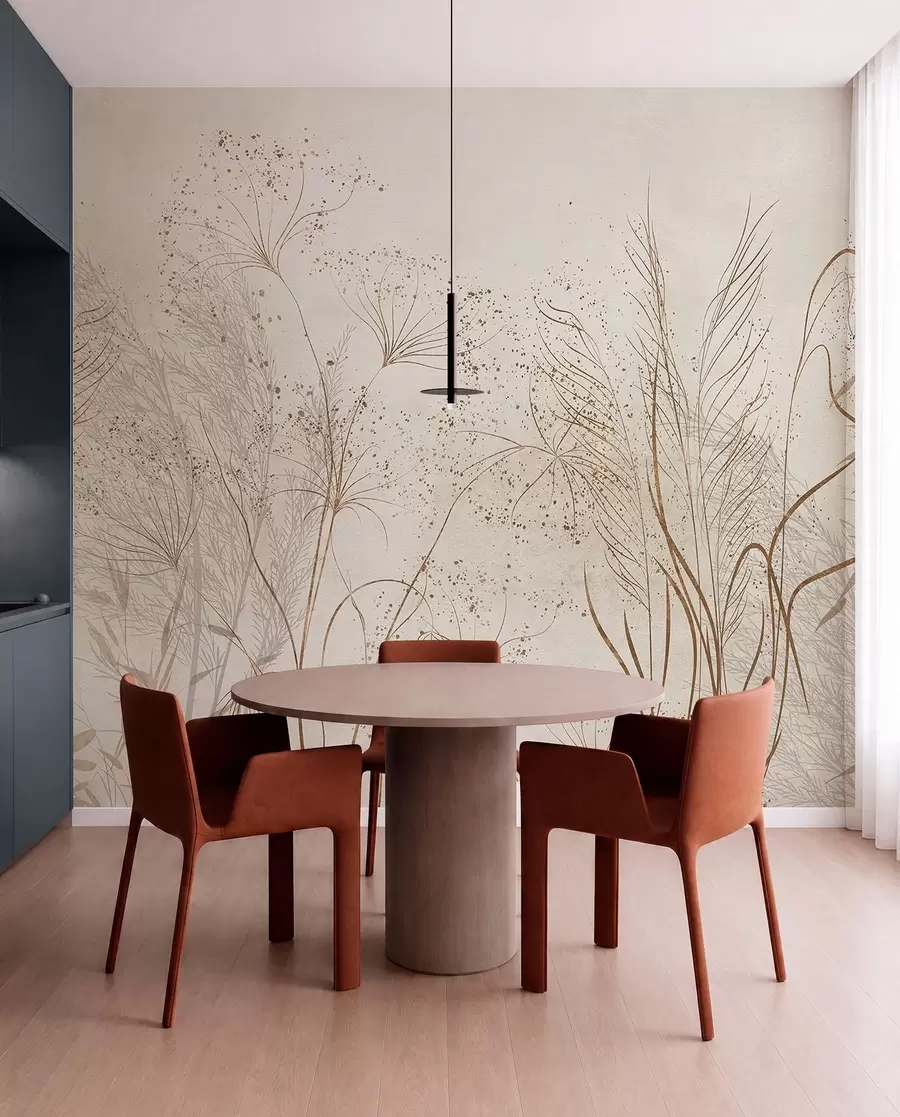 Papier peint photo Illustration monochrome de diverses plantes et épillets de couleur beige, avec des lignes et des textures délicates et ondulantes w08441