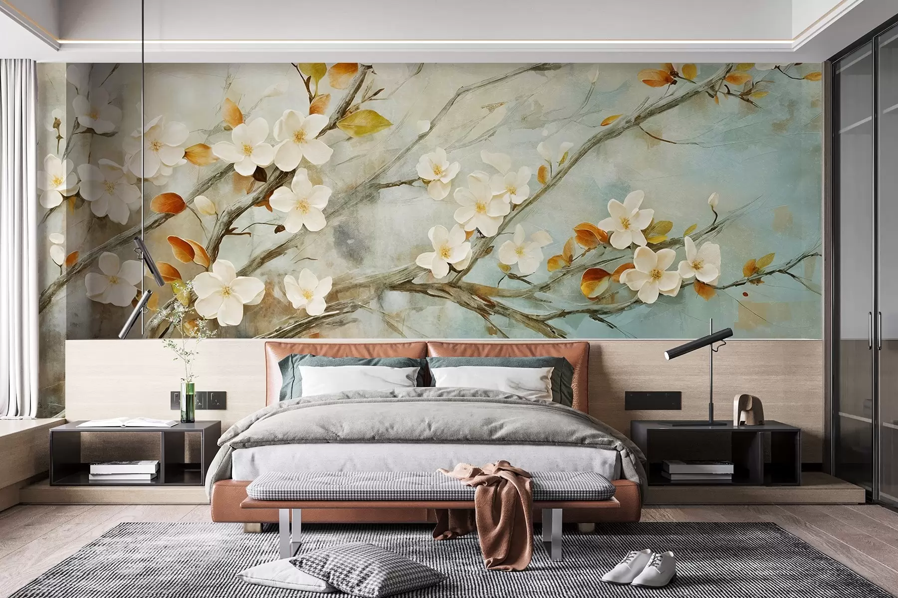 Fotobehang Witte kersenbloesems op takken tegen een zachte blauwe en groene achtergrond in olieverfschilderijstijl w08444
