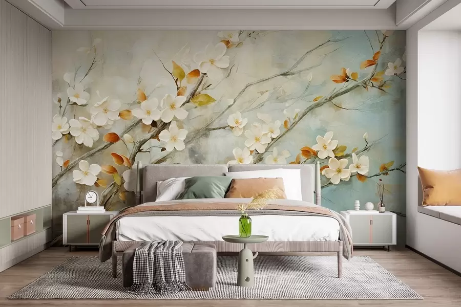 Fotobehang Witte kersenbloesems op takken tegen een zachte blauwe en groene achtergrond in olieverfschilderijstijl w08444