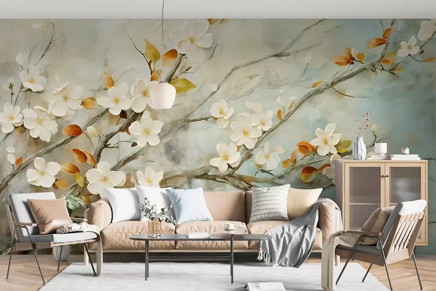 Fotobehang Witte kersenbloesems op takken tegen een zachte blauwe en groene achtergrond in olieverfschilderijstijl w08444