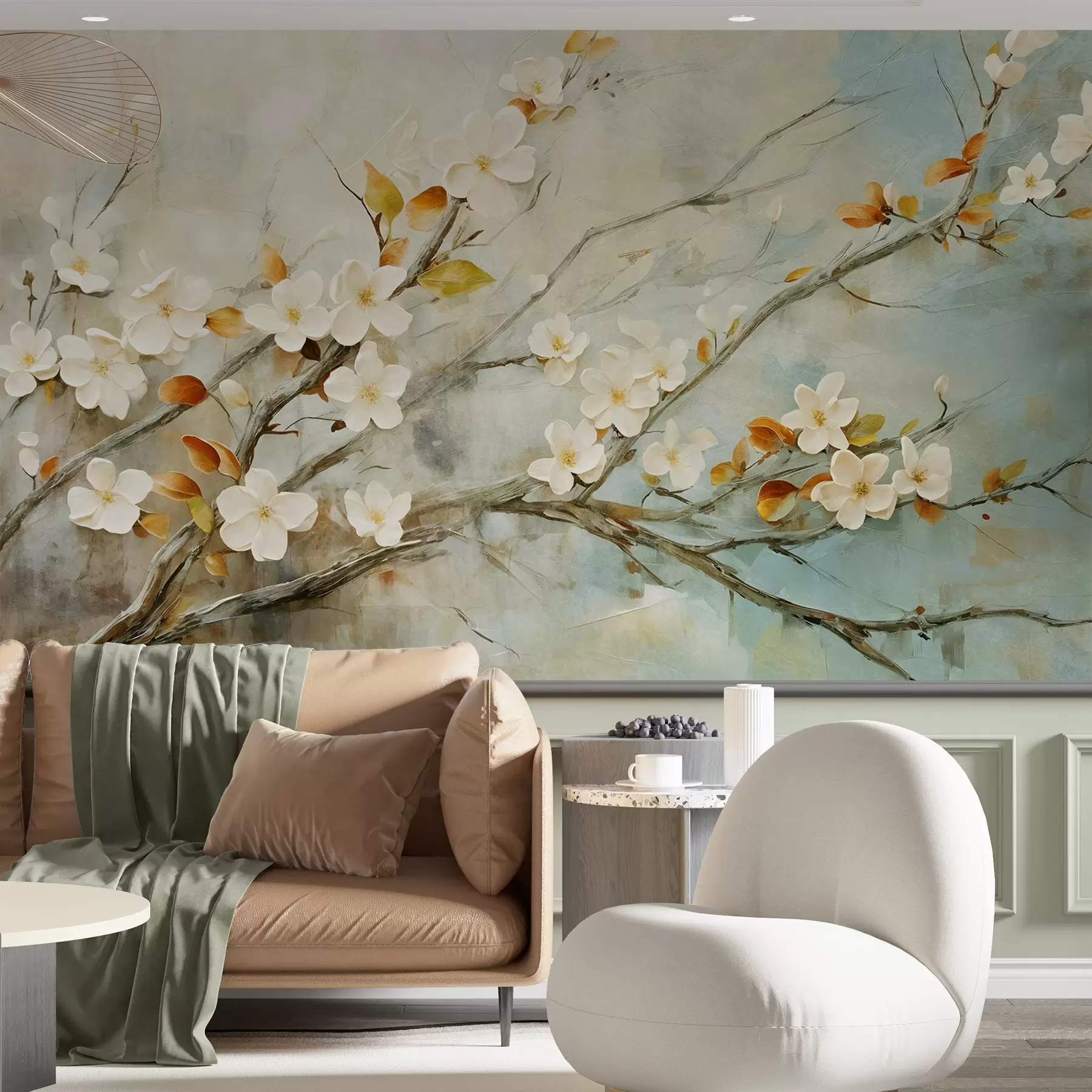 Fotobehang Witte kersenbloesems op takken tegen een zachte blauwe en groene achtergrond in olieverfschilderijstijl w08444