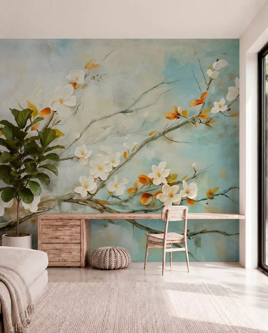 Fotobehang Witte kersenbloesems op takken tegen een zachte blauwe en groene achtergrond in olieverfschilderijstijl w08444