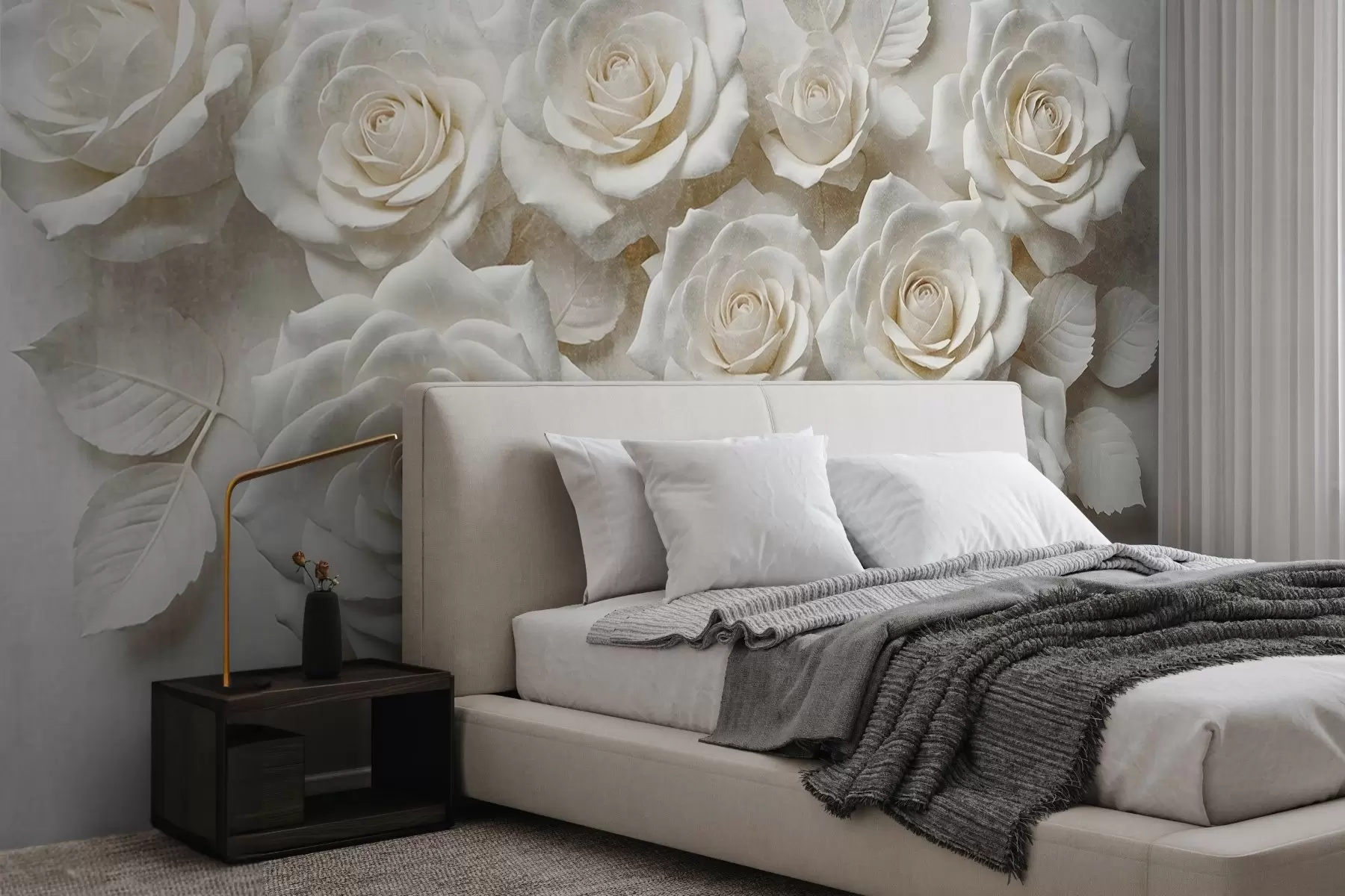 Papier peint photo Vue rapprochée de plusieurs roses blanches aux pétales doux et délicats sur fond blanc w08448