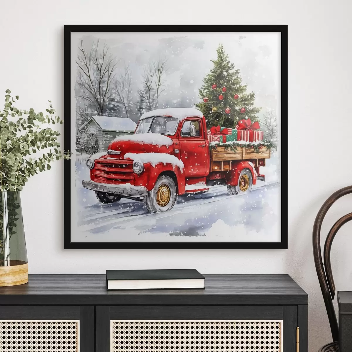 Affiche Une voiture de Noël avec un sapin et des cadeaux par temps de neige f41968