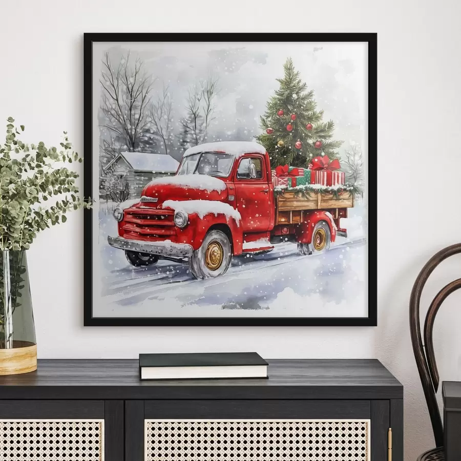 Papier peint photo Une voiture de Noël avec un sapin et des cadeaux par temps de neige f41968