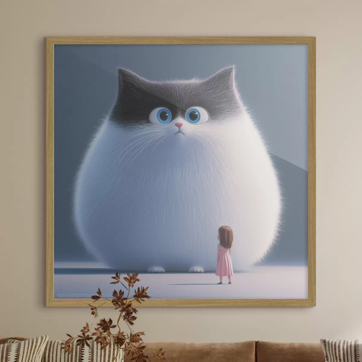 Poster Een verraste pluizige kat met een meisje in illustratiestijl f41974