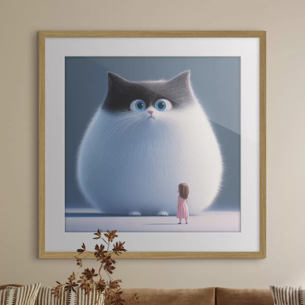 Poster Een verraste pluizige kat met een meisje in illustratiestijl f41974