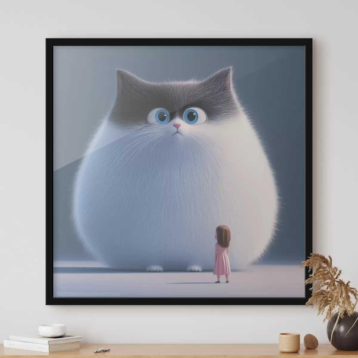 Poster Een verraste pluizige kat met een meisje in illustratiestijl f41974