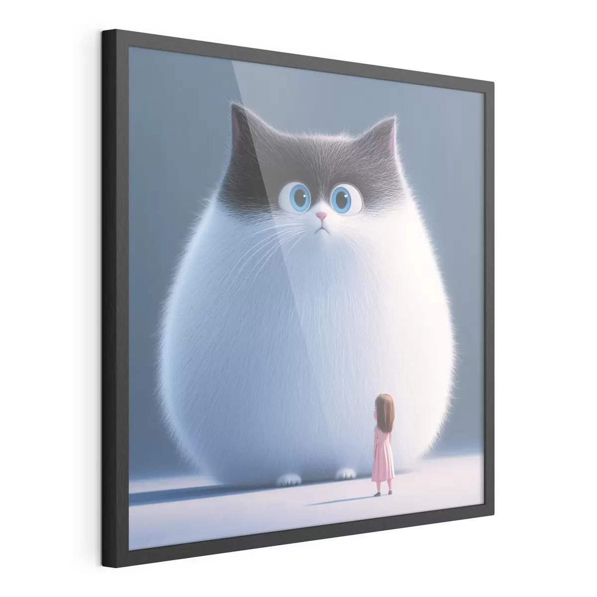 Poster Een verraste pluizige kat met een meisje in illustratiestijl f41974