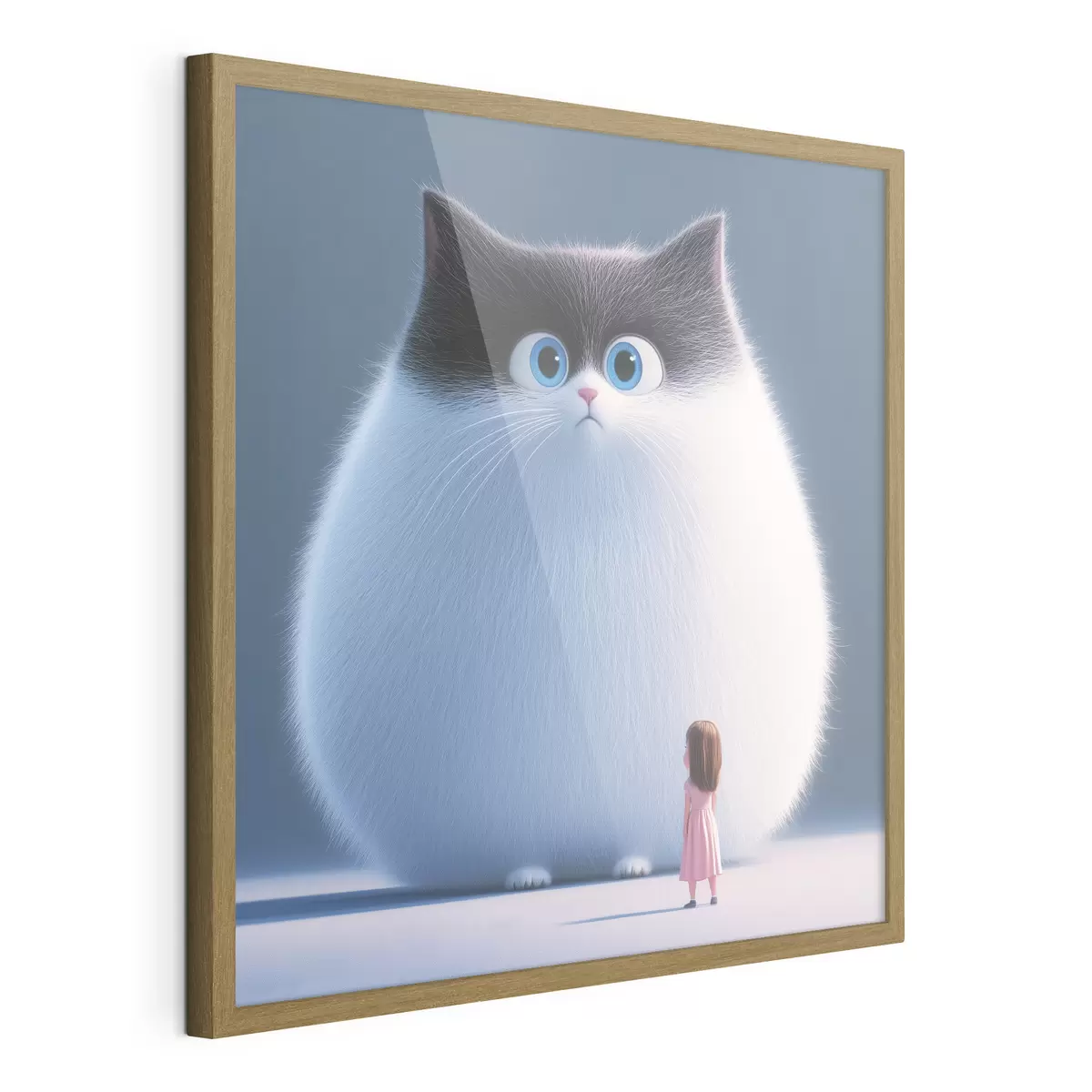 Poster Een verraste pluizige kat met een meisje in illustratiestijl f41974