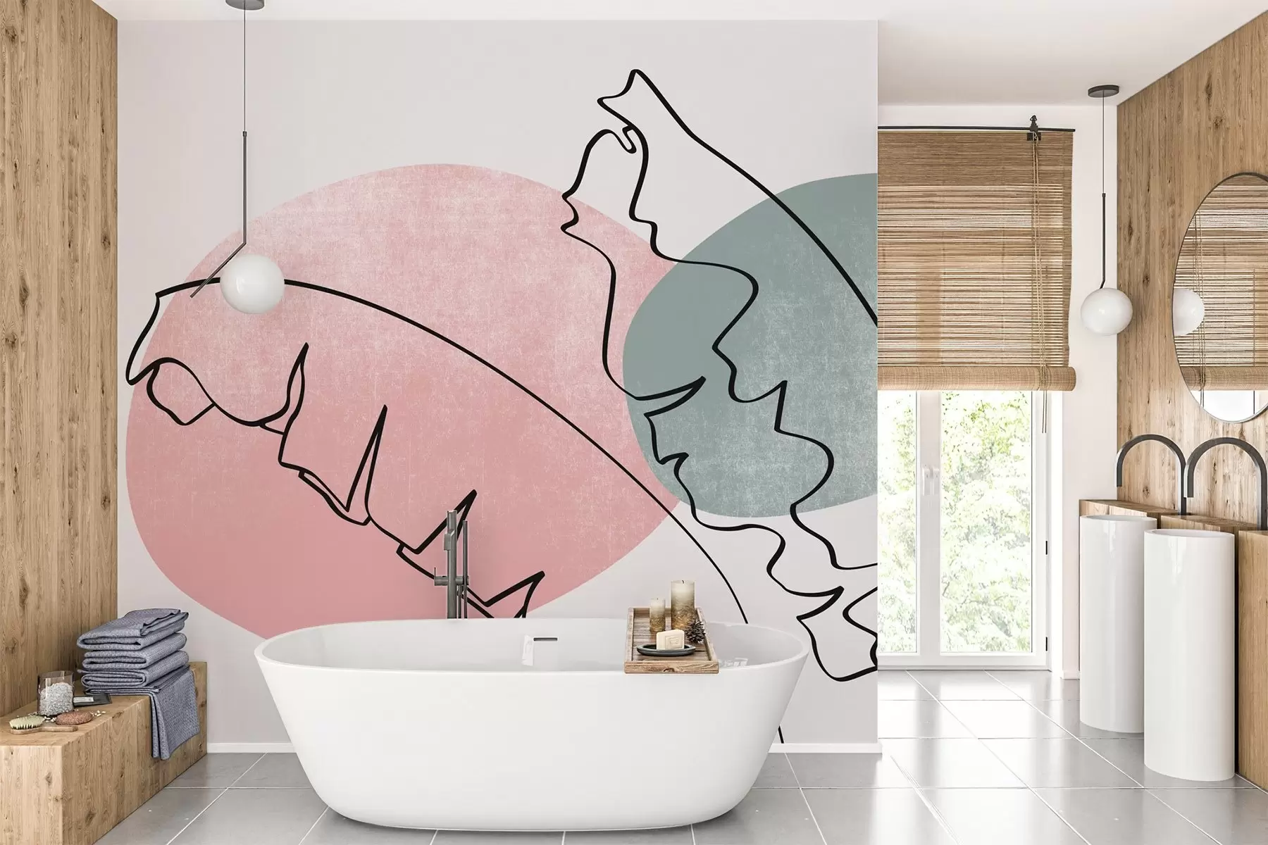 Papier peint photo Dessin au trait de feuilles de bananiers sur une tache de texture rose et verte w02423